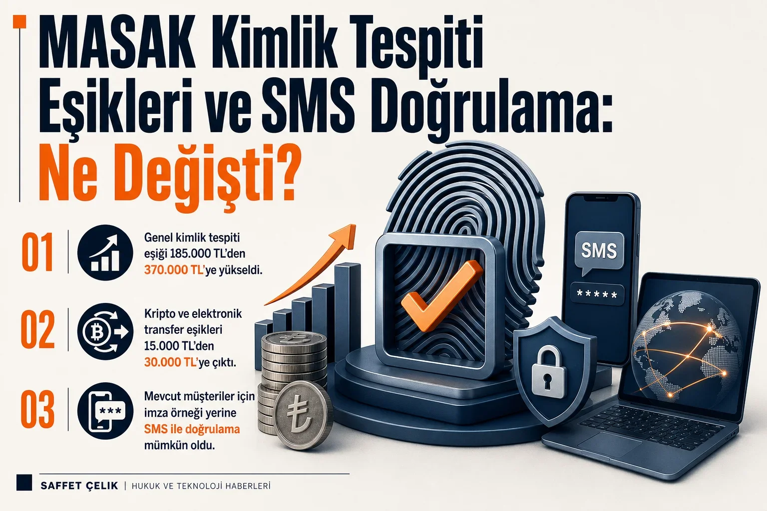 Kimlik tespiti eşiklerinin 370 bin ve 30 bin liraya yükselmesini, mevcut müşteriler için koşullu SMS doğrulamasını özetleyen infografik
