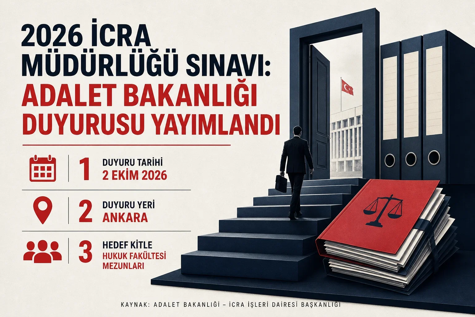 2026 icra müdürlüğü sınavı başvuru, hazırlık ve atama süreçlerini özetleyen adımları gösteren infografik