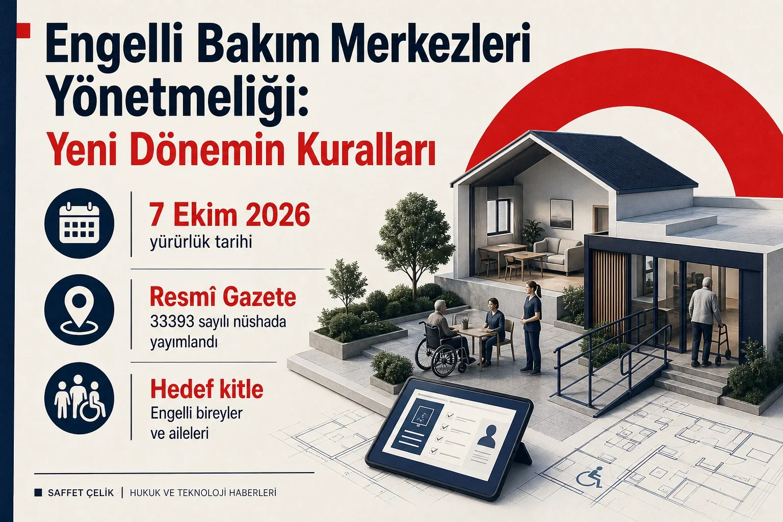 Engelli bakım merkezleri yönetmeliğinin yayın ve yürürlük bilgileri ile hedef kitlesini gösteren infografik.