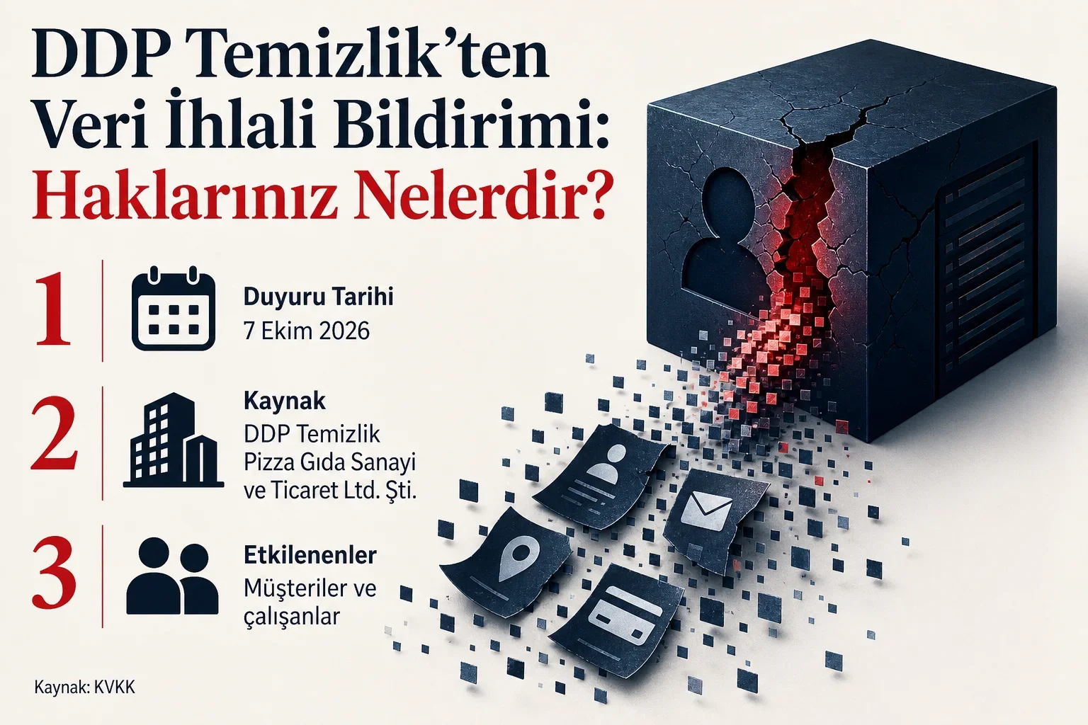 DDP Temizlik veri ihlali bildirimi sonrası etkilenen veri türleri, potansiyel riskler ve ilgili kişiler için hukuki yol haritasını özetleyen infografik.