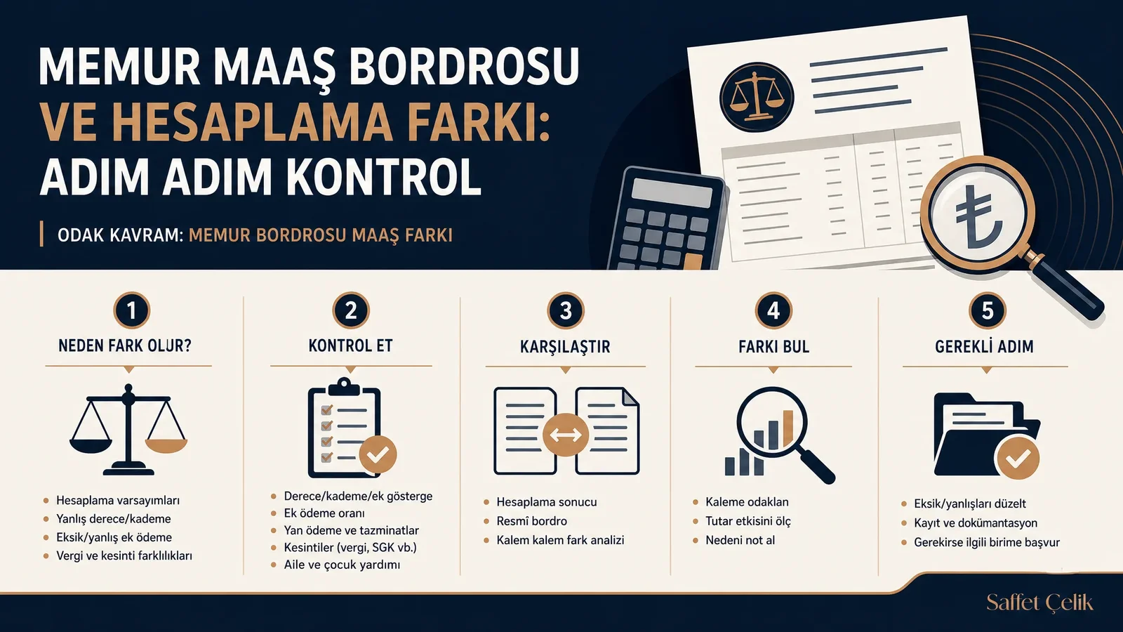Memur bordrosu maaş farkı kalemlerini karşılaştıran bir infografik: Gelirler, Kesintiler ve Net Maaş.
