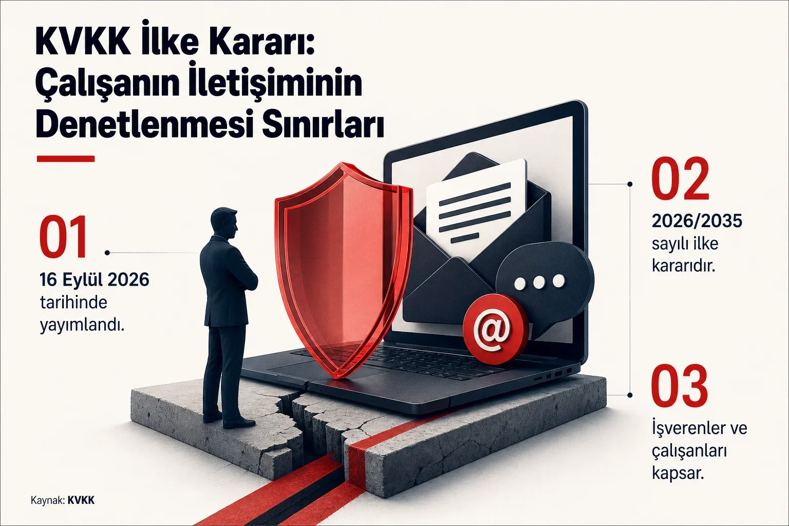 Çalışanın iletişiminin denetlenmesi için KVKK ilke kararı infografik. Aydınlatma, amaç, ölçülülük ve veri güvenliği adımları gösteriliyor.