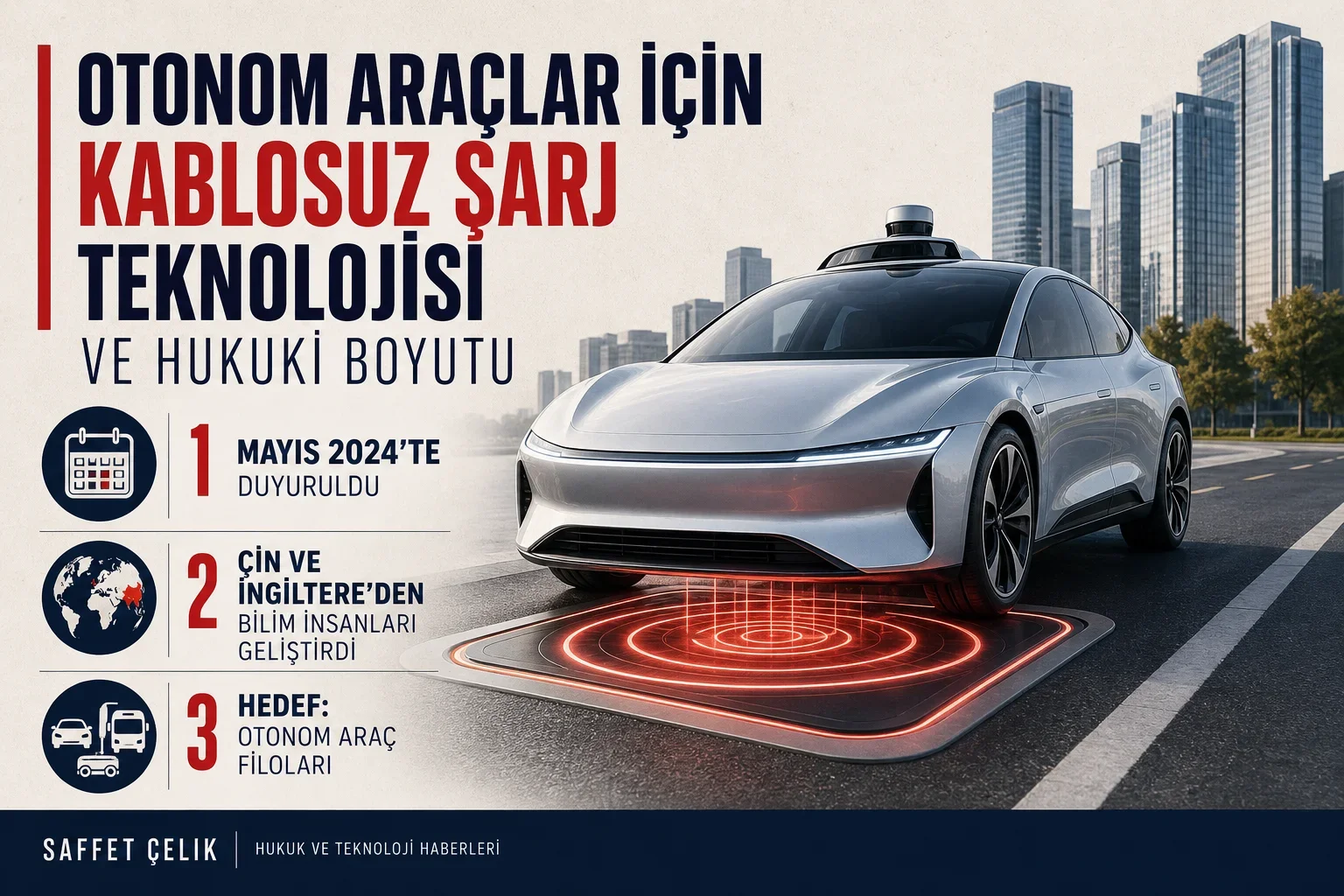 Otonom Araçlar için geliştirilen yeni kablosuz şarj teknolojisi ve Türkiye'deki hukuki durumu özetleyen infografik.