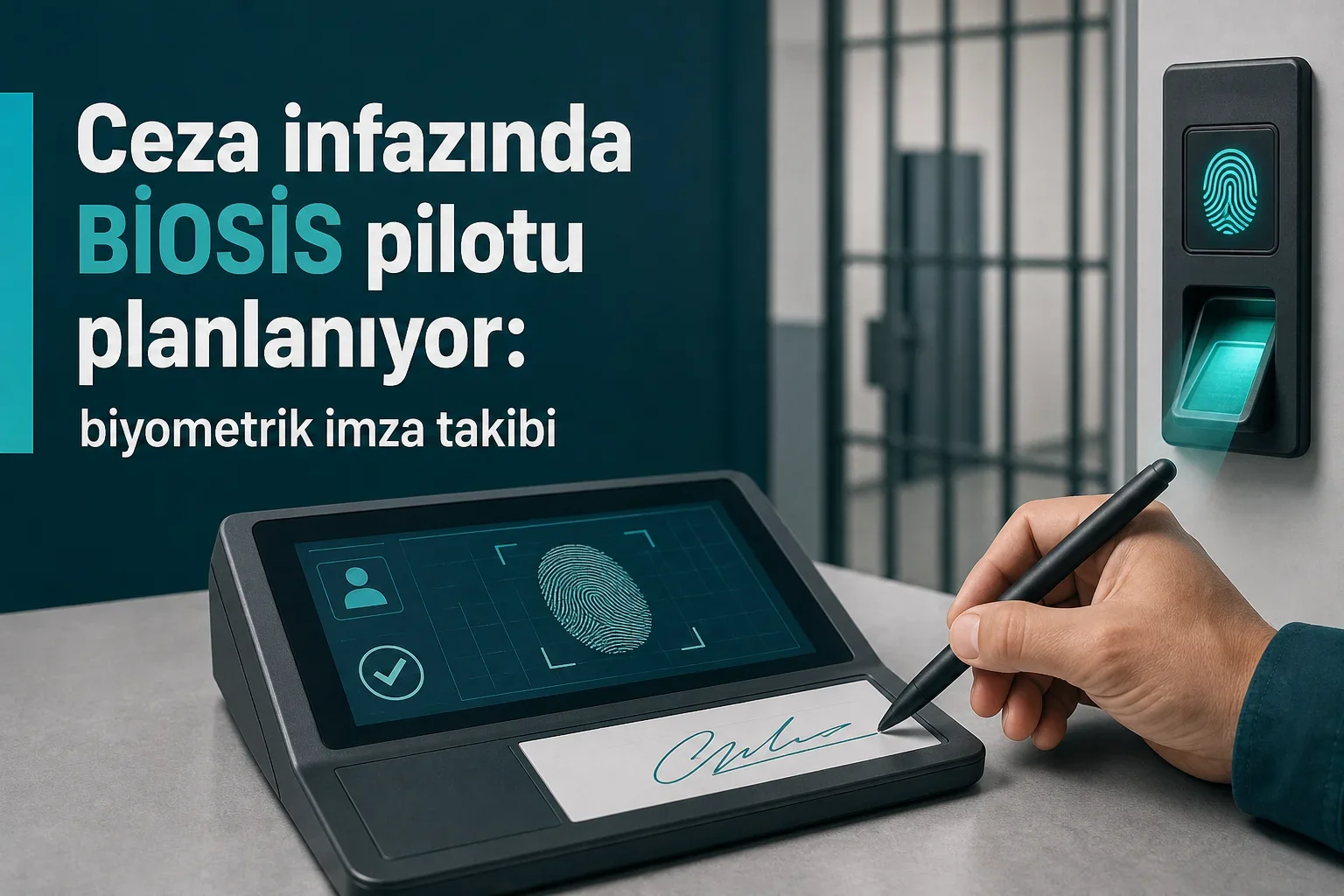 Ceza infazında biyometrik takip sürecinin imza doğrulama, uyarı ve veri koruma adımlarını gösteren infografik